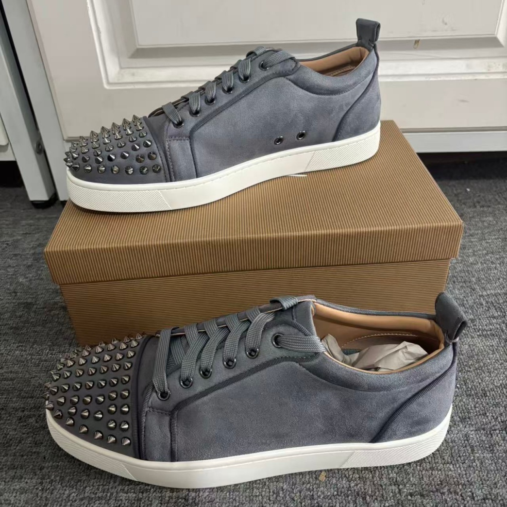 Men Shoes Red - Gray Flannel Leather Red Sole Sneakers